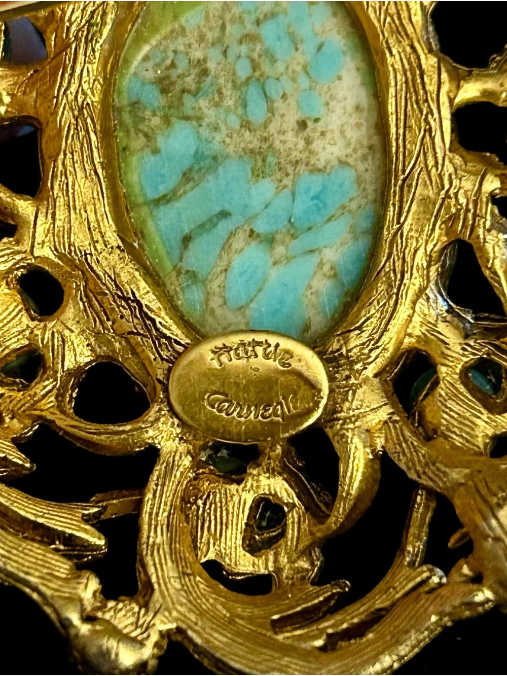 Gold-Tone Signed Hattie Carnegie Brooch-Turquoise Blue Glass Cabochon-seed Pearl